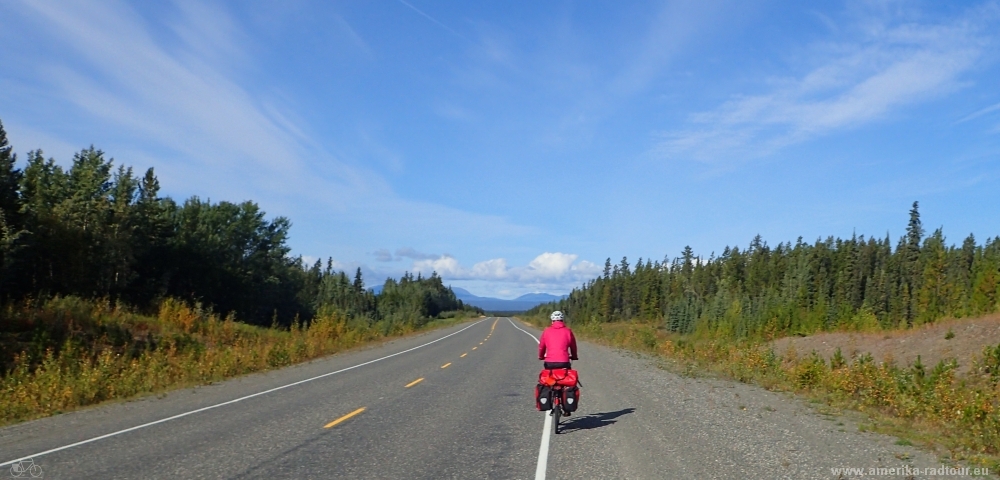 British Columbia and Yukon by bicycle: Cycling the Cassiar Highway and Alaska Highway northbound. Stage from Morley Lake up to Johnsons Crossing.   