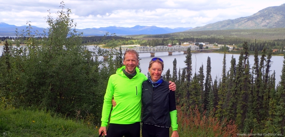 Nisutlin Bay Bridge. British Columbia and Yukon by bicycle: Cycling the Cassiar Highway and Alaska Highway northbound. Stage from Morley Lake up to Johnsons Crossing.     