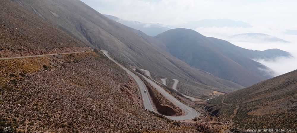 Purmamarca to the Salinas Grandes by bicycle. Climbing the Cuesta de Lipán.    